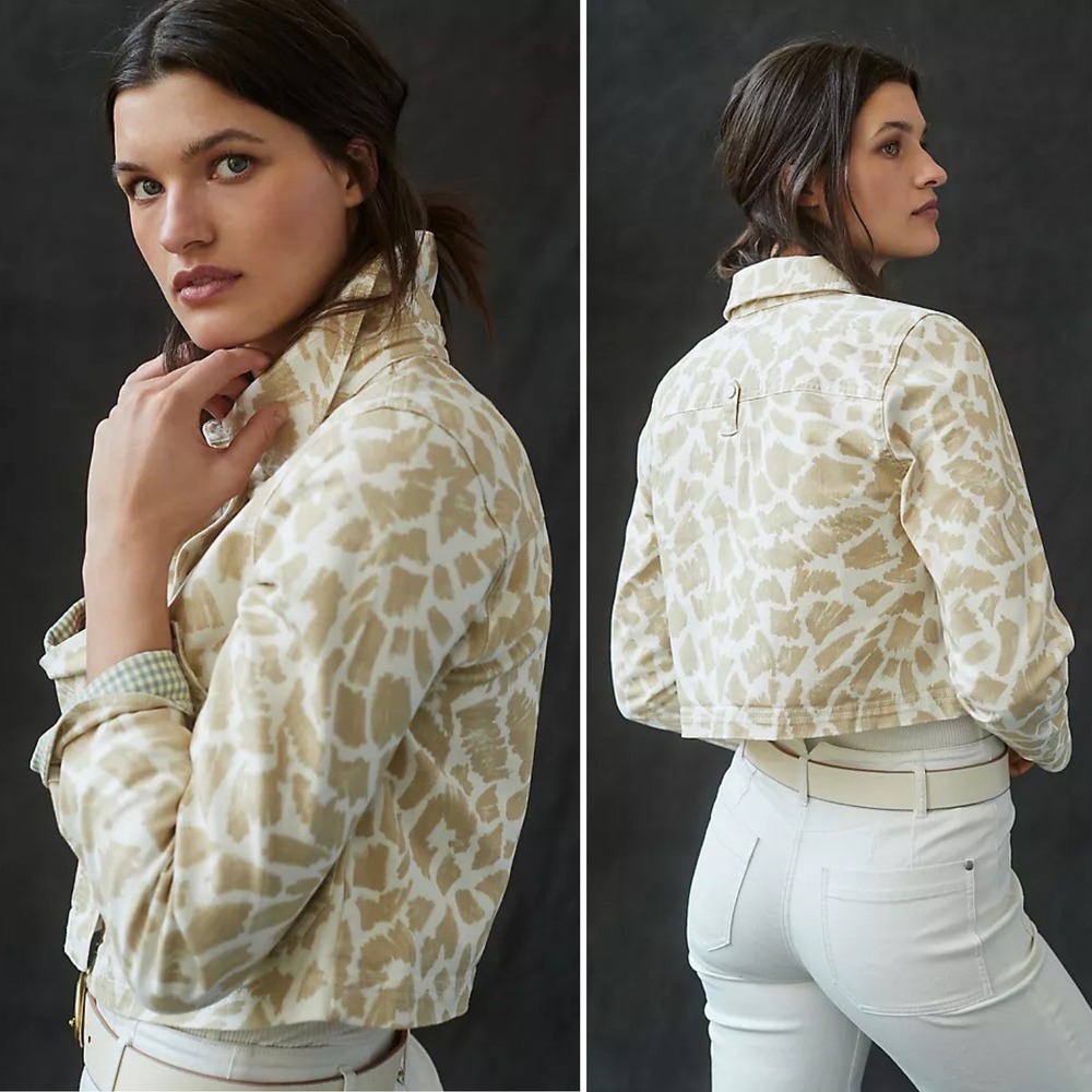 Anthropologie Maeve‎ Gardener Cropped Denim Jacket Large tan white gingham trim